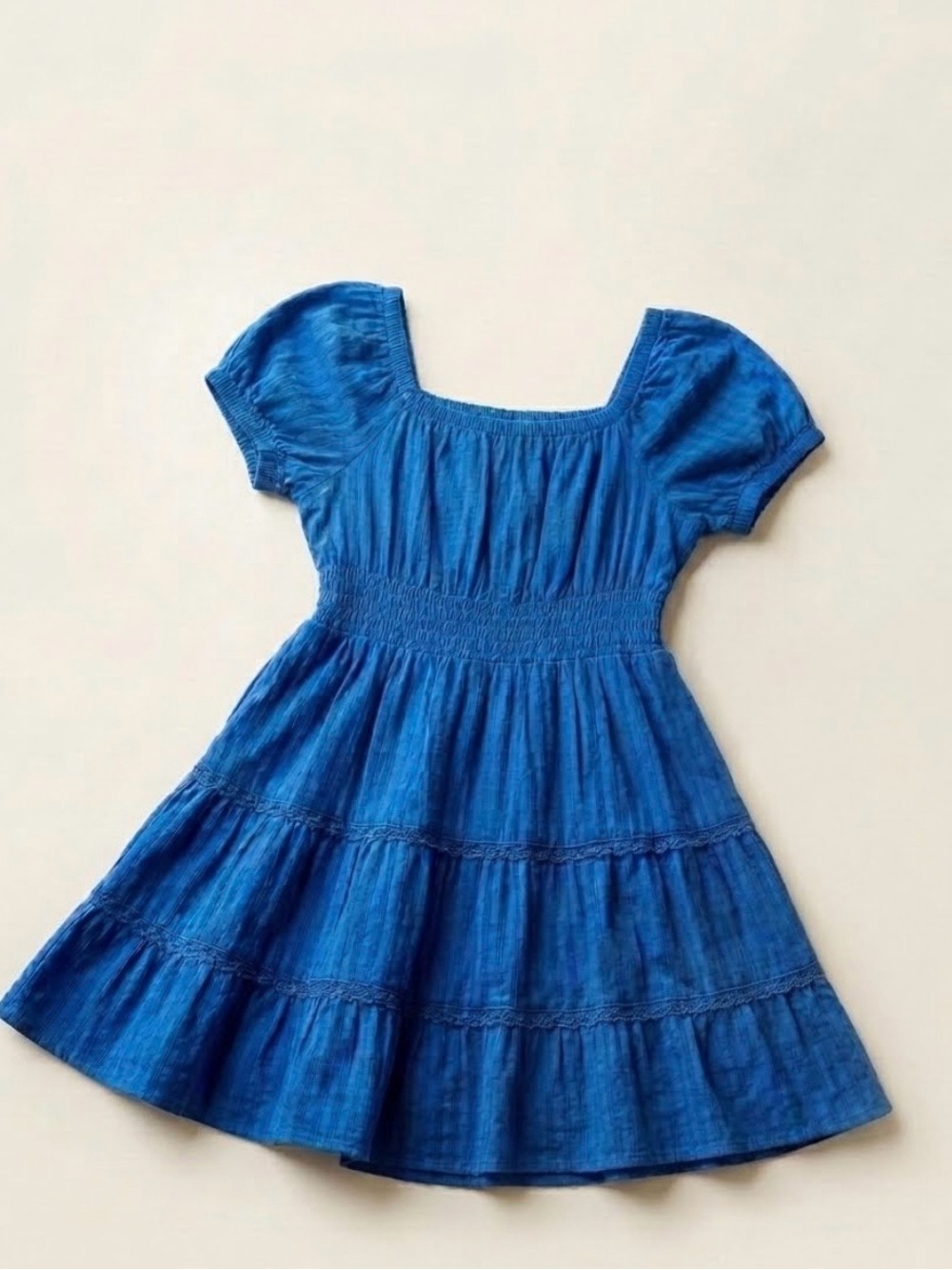 Smocked Waist Blue Girls' Casual Tiered Dress